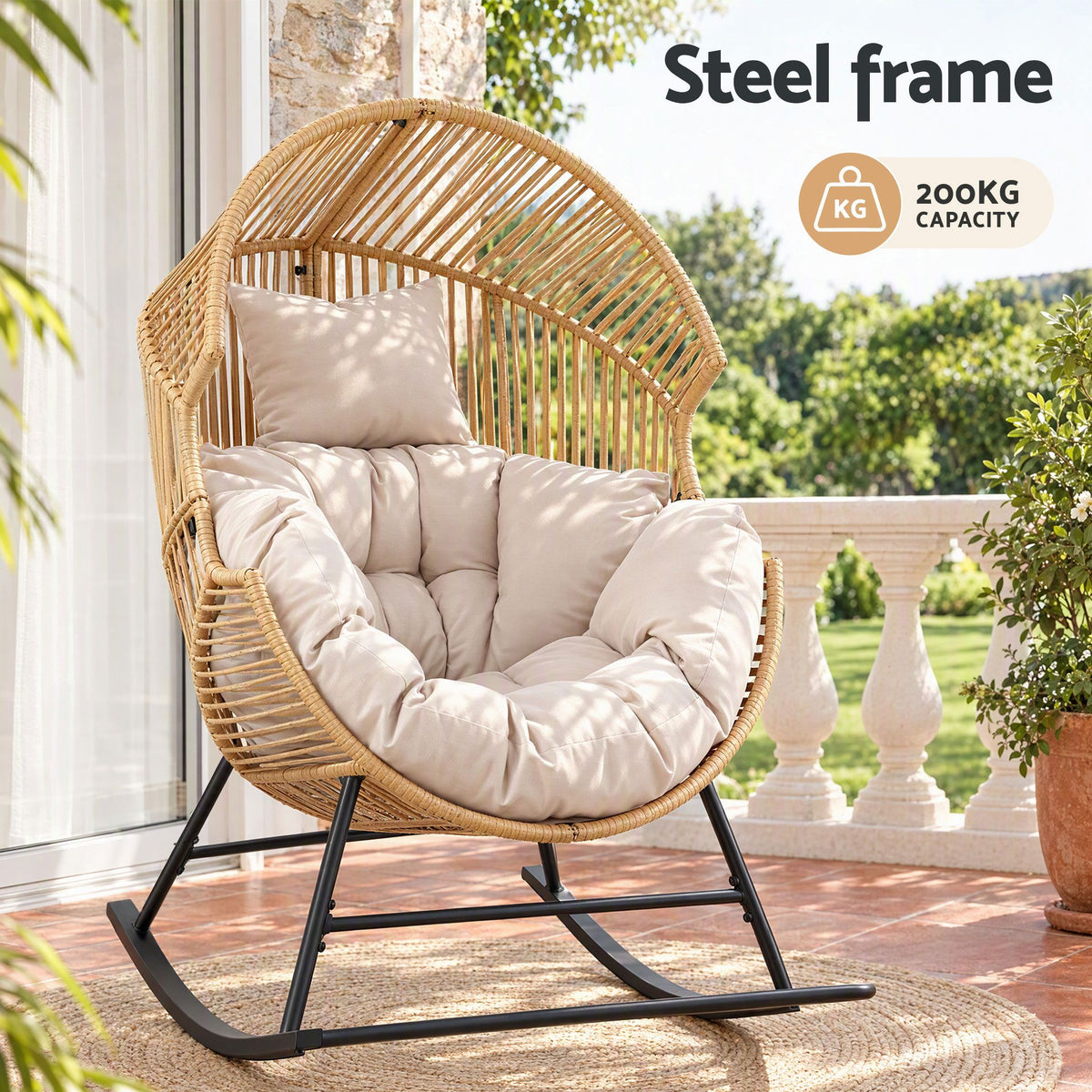 Gardeon Outdoor Egg Rocking Chair Rattan Lounger with Thick Cushion Patio Furniture Natural Awezingly