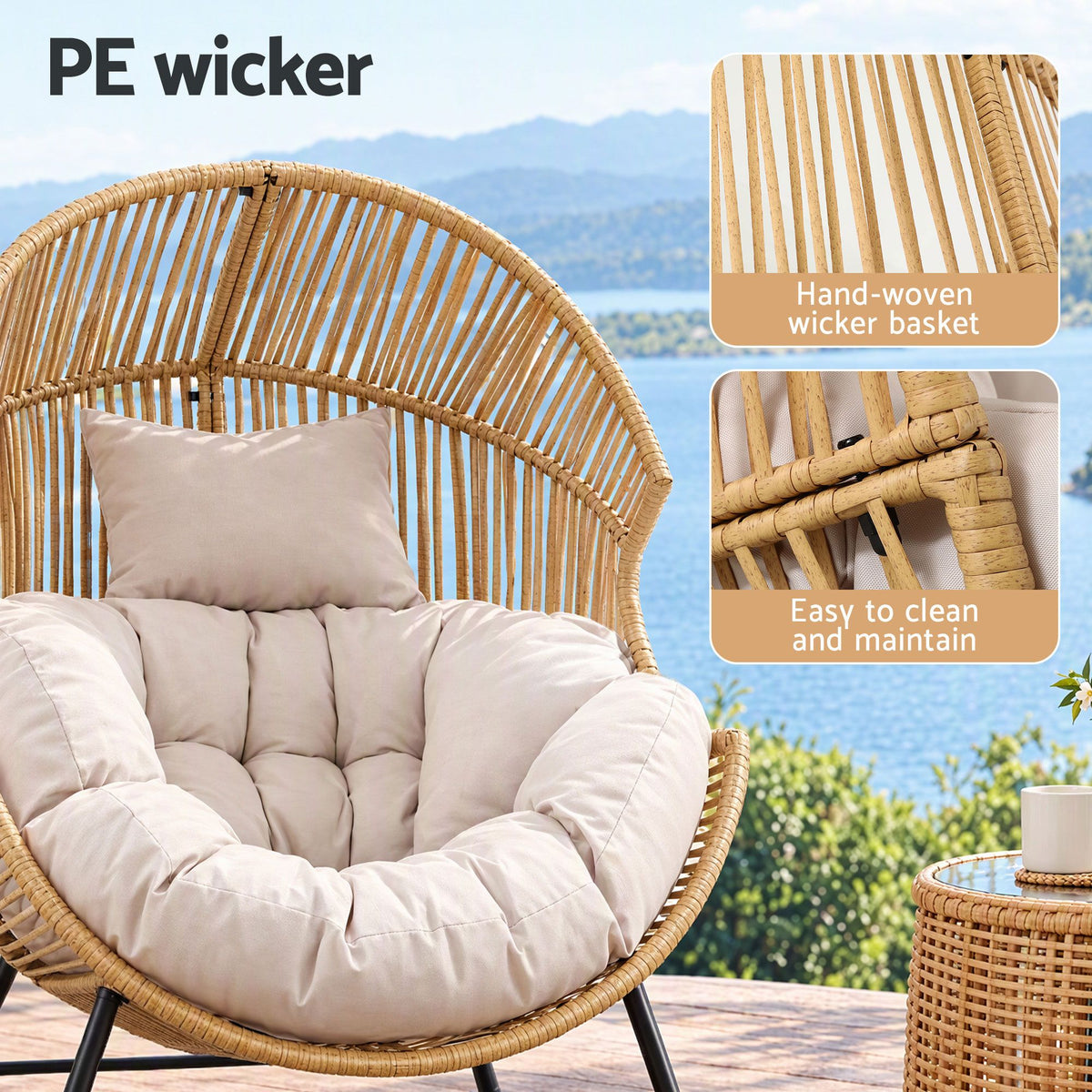 Gardeon Outdoor Egg Rocking Chair Rattan Lounger with Thick Cushion Patio Furniture Natural Awezingly