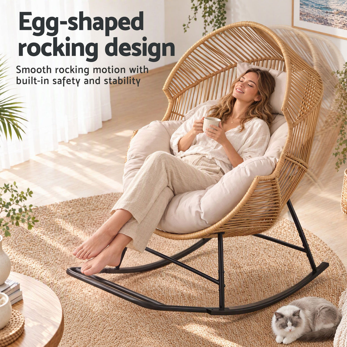Gardeon Outdoor Egg Rocking Chair Rattan Lounger with Thick Cushion Patio Furniture Natural Awezingly