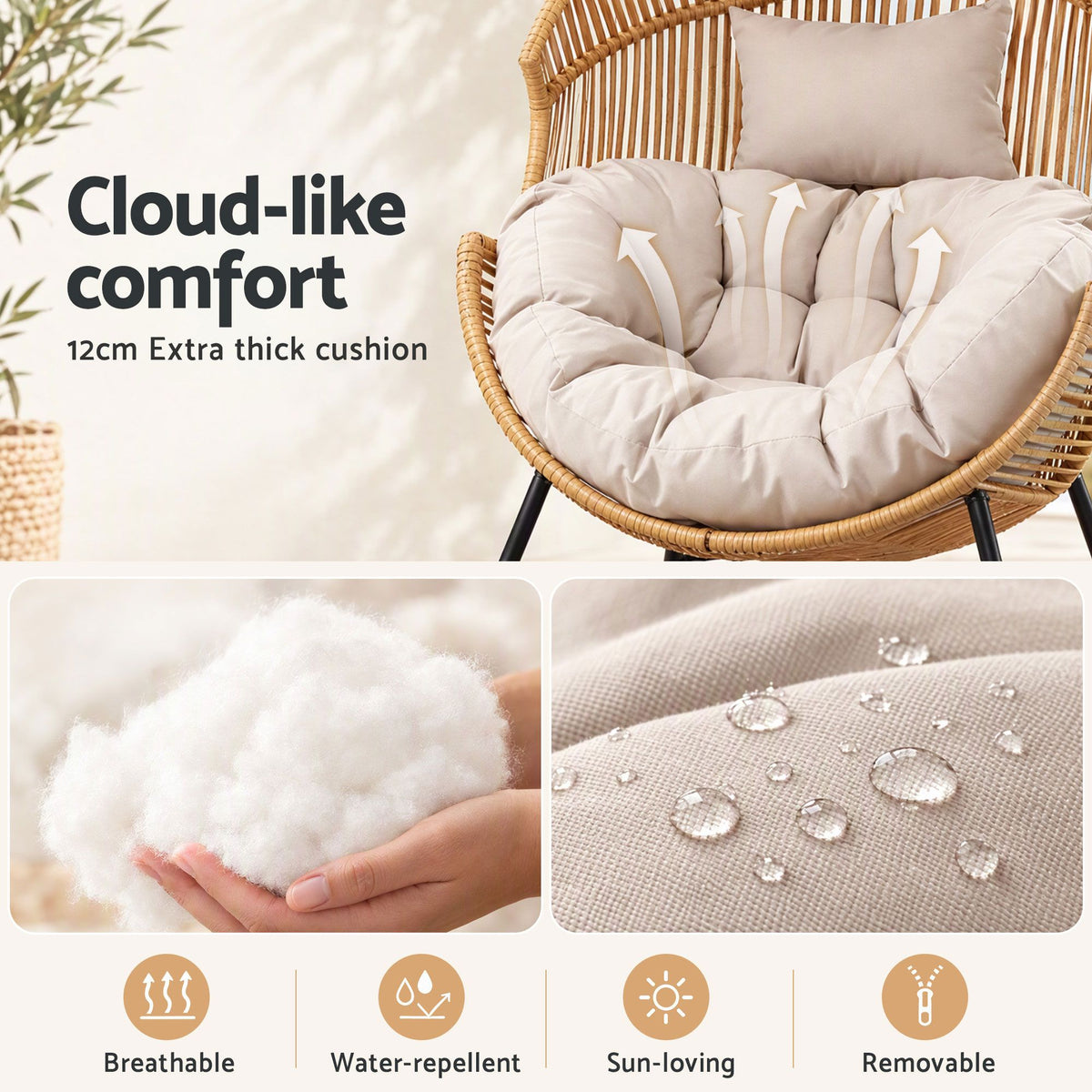 Gardeon Outdoor Egg Rocking Chair Rattan Lounger with Thick Cushion Patio Furniture Natural Awezingly
