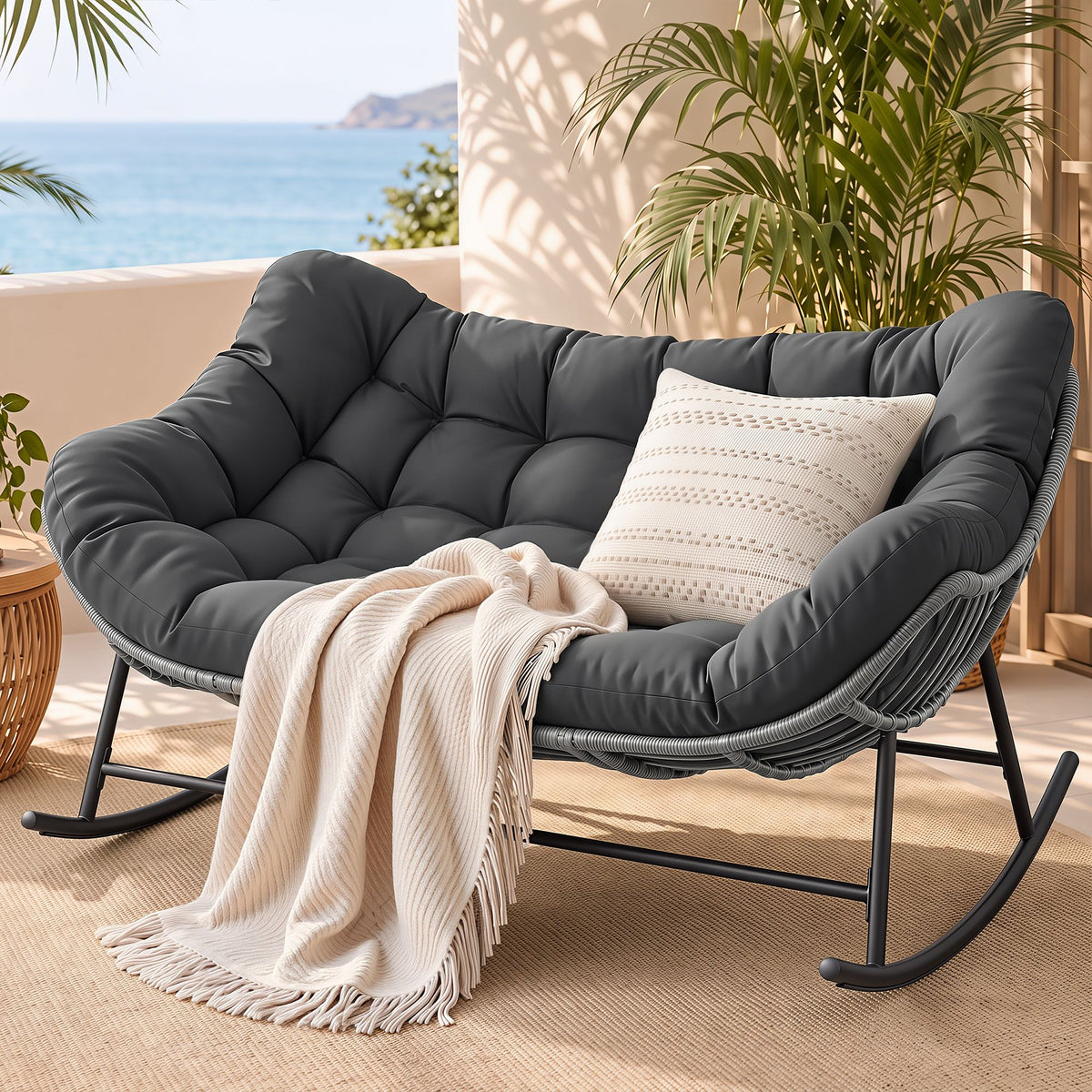 Gardeon Outdoor Rocking Chair Loveseat Wicker 2 Seater Cushion Patio Furniture Grey Awezingly