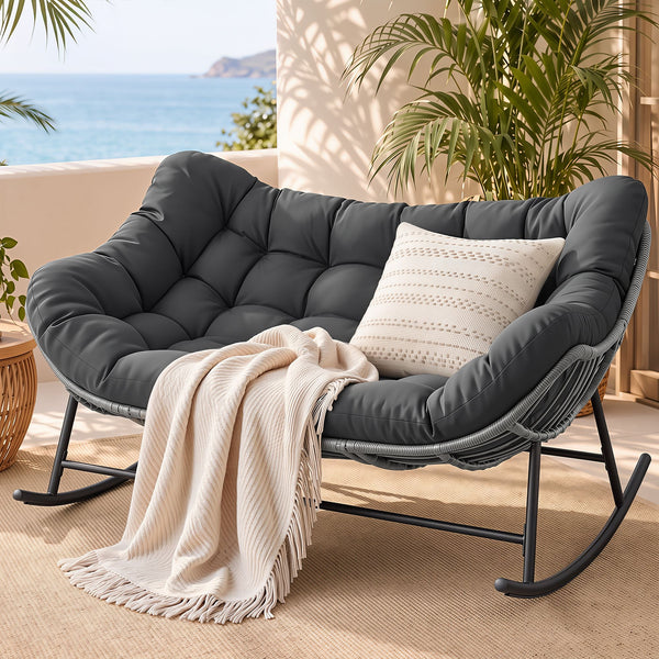 Gardeon Outdoor Rocking Chair Loveseat Wicker 2 Seater Cushion Patio Furniture Grey Awezingly