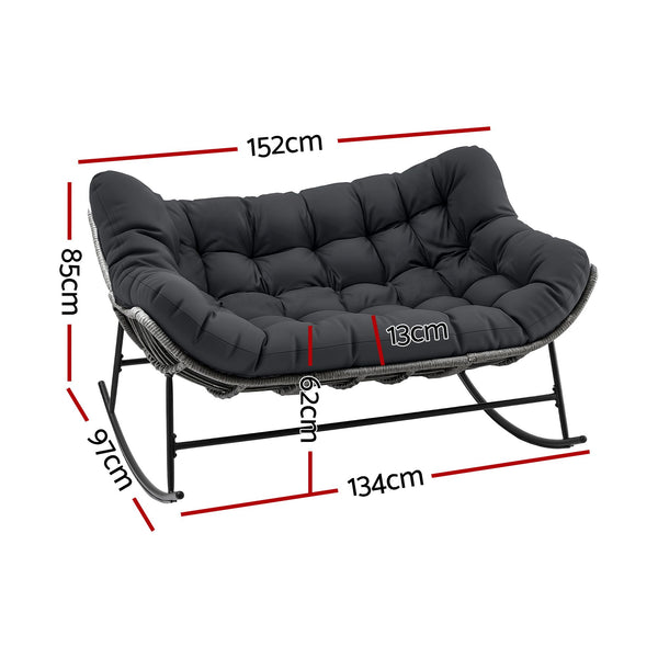 Gardeon Outdoor Rocking Chair Loveseat Wicker 2 Seater Cushion Patio Furniture Grey Awezingly