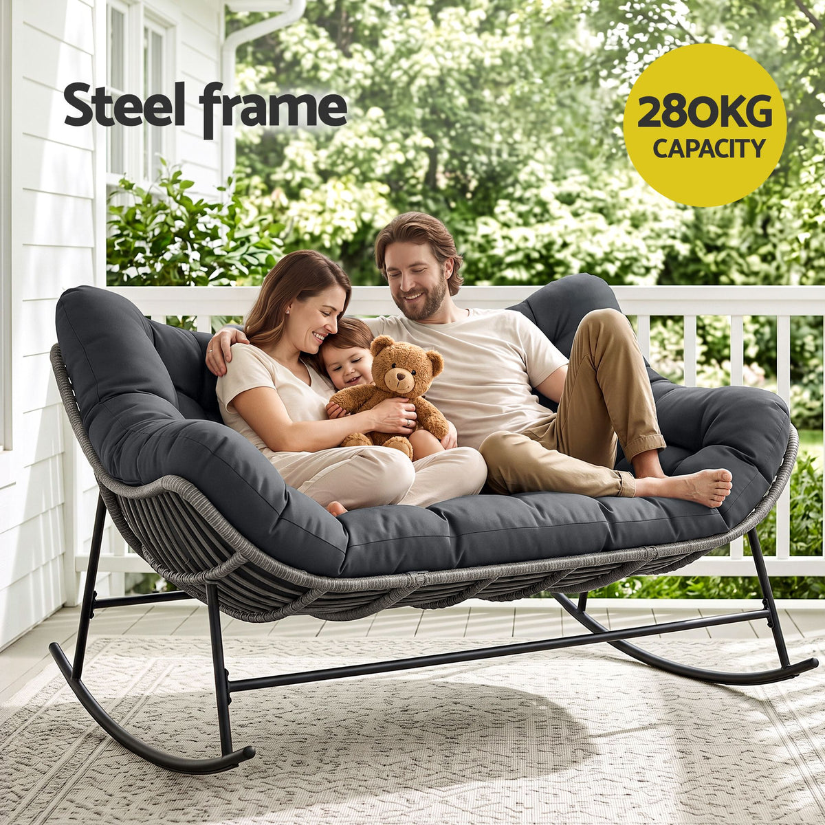 Gardeon Outdoor Rocking Chair Loveseat Wicker 2 Seater Cushion Patio Furniture Grey Awezingly