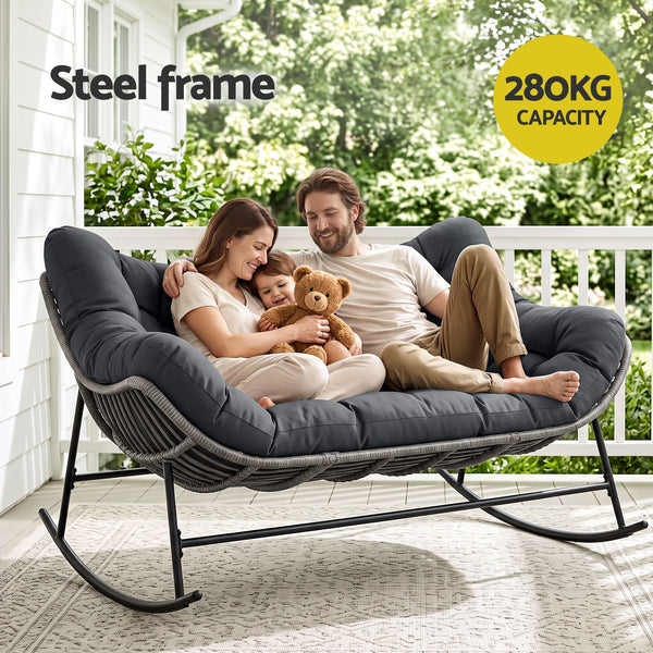 Gardeon Outdoor Rocking Chair Loveseat Wicker 2 Seater Cushion Patio Furniture Grey Awezingly