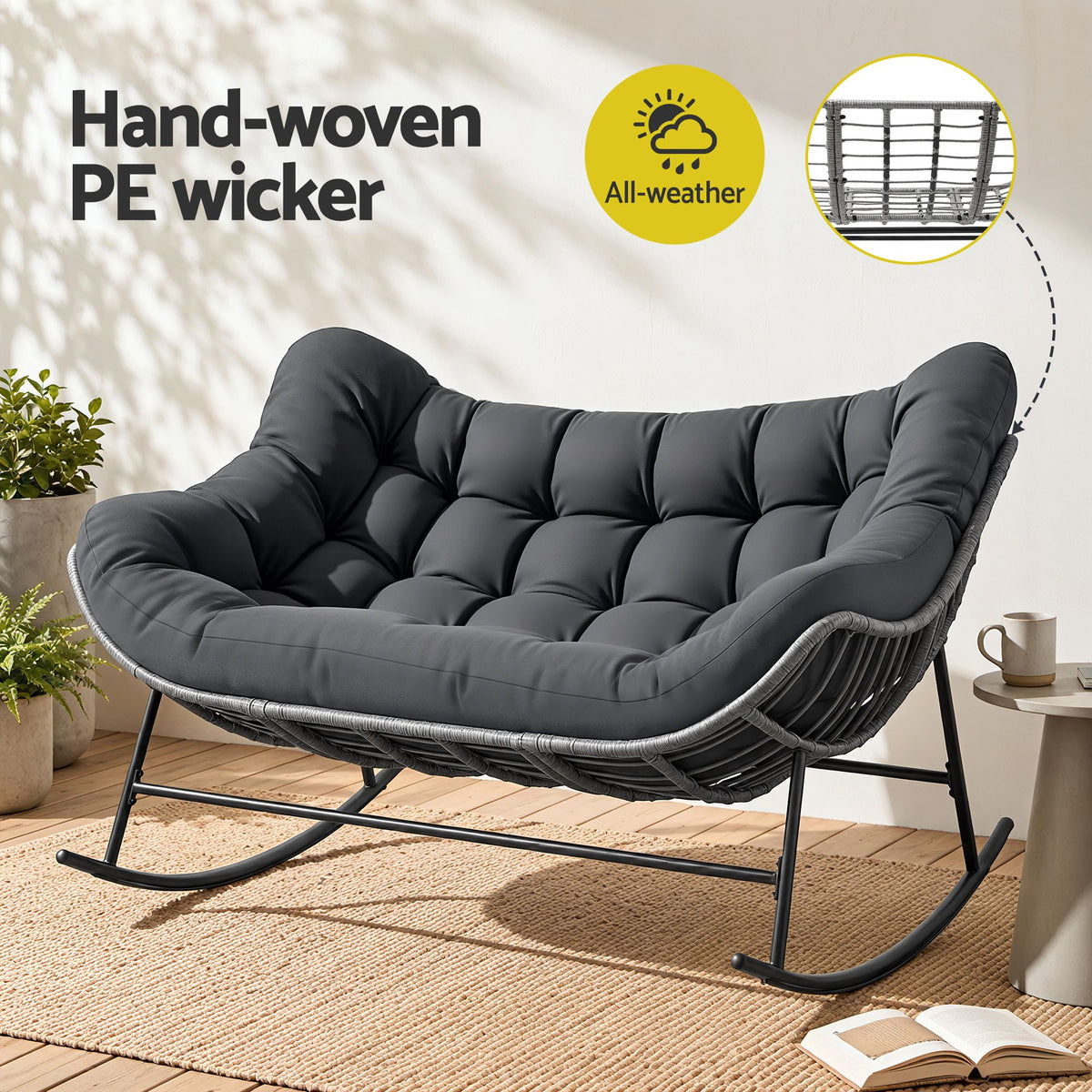 Gardeon Outdoor Rocking Chair Loveseat Wicker 2 Seater Cushion Patio Furniture Grey Awezingly