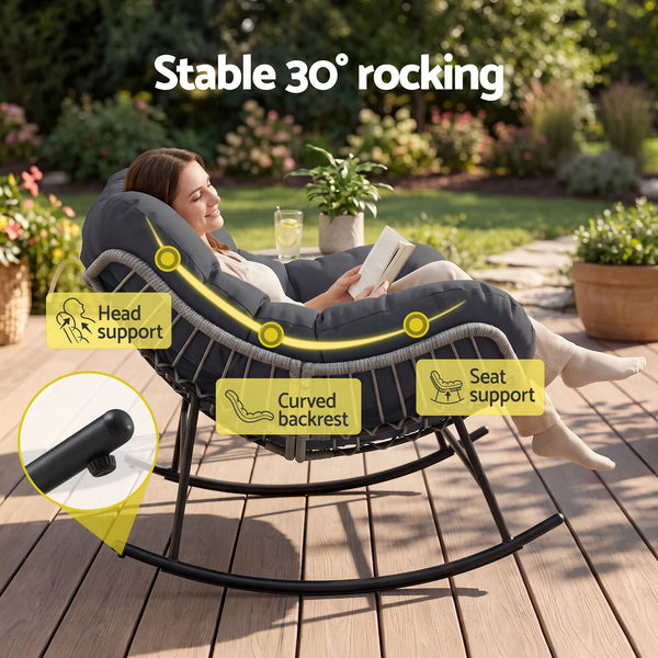 Gardeon Outdoor Rocking Chair Loveseat Wicker 2 Seater Cushion Patio Furniture Grey Awezingly
