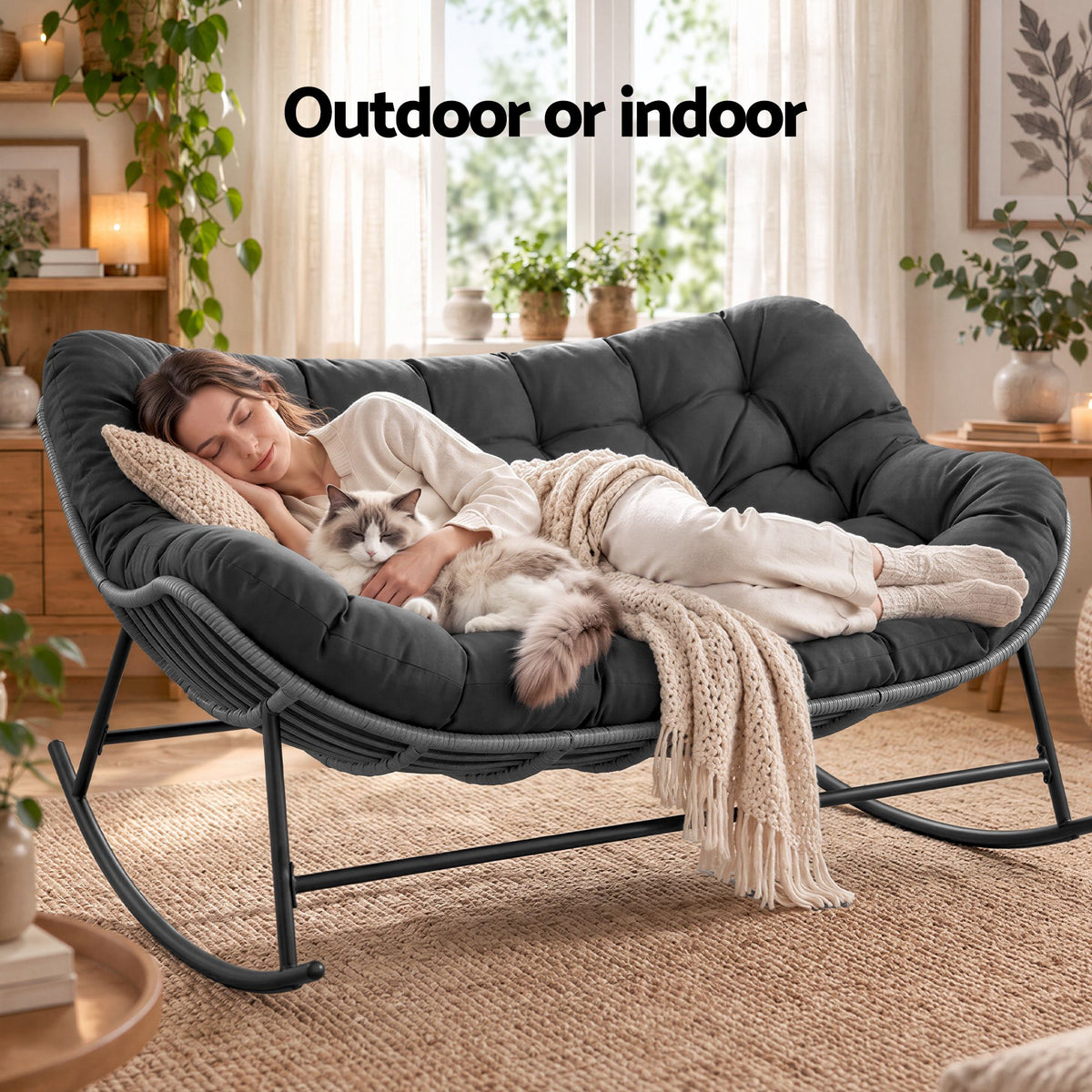 Gardeon Outdoor Rocking Chair Loveseat Wicker 2 Seater Cushion Patio Furniture Grey Awezingly