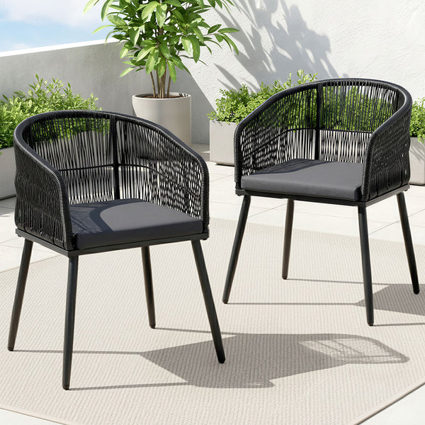 Gardeon 2PC Outdoor Dining Chairs Wicker Chair Patio Furniture Garden Steel Black Awezingly