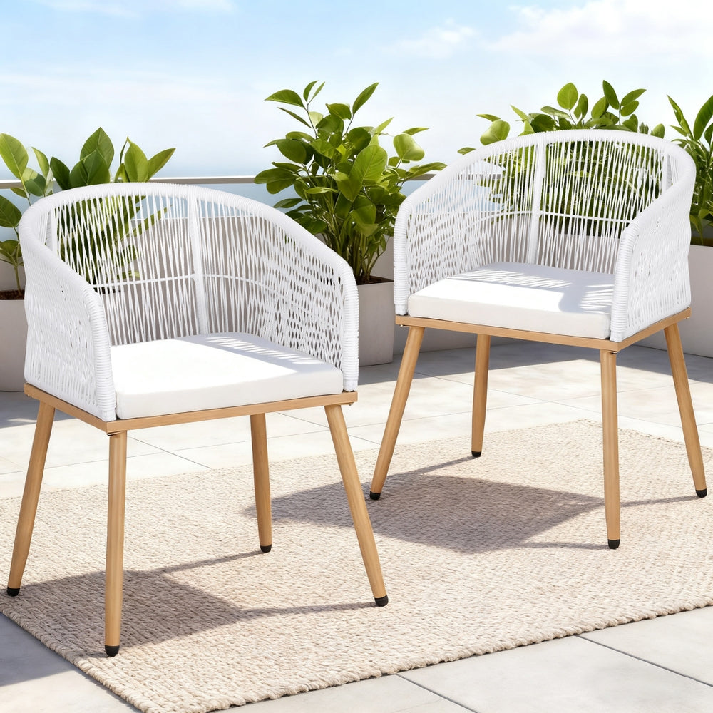 Gardeon 2PC Outdoor Dining Chairs Wicker Chair Patio Furniture Garden Steel White Awezingly