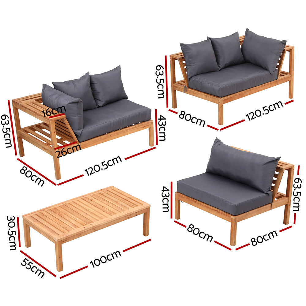 Gardeon 4 Pieces Outdoor Sofa Set 5-Seater Wooden Bench with Built-in Side Table Gardeon