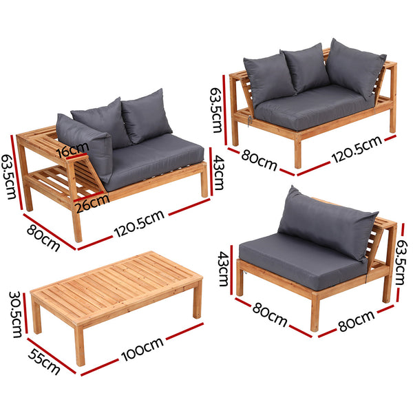 Gardeon 4 Pieces Outdoor Sofa Set 5-Seater Wooden Bench with Built-in Side Table Gardeon