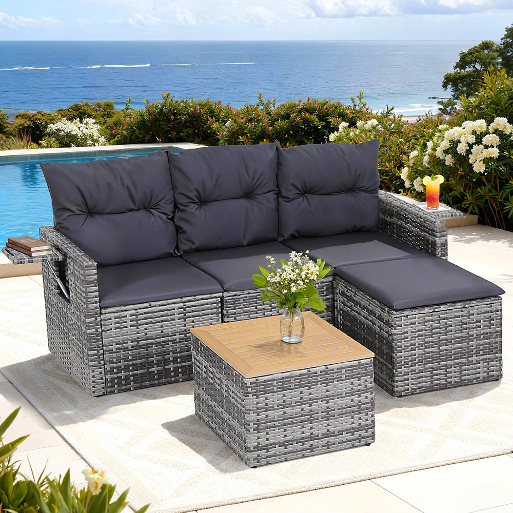 Gardeon 5 Pieces Outdoor Sofa Set 4-Seater Grey Rattan Patio Furniture Table and Chair Setting Gardeon