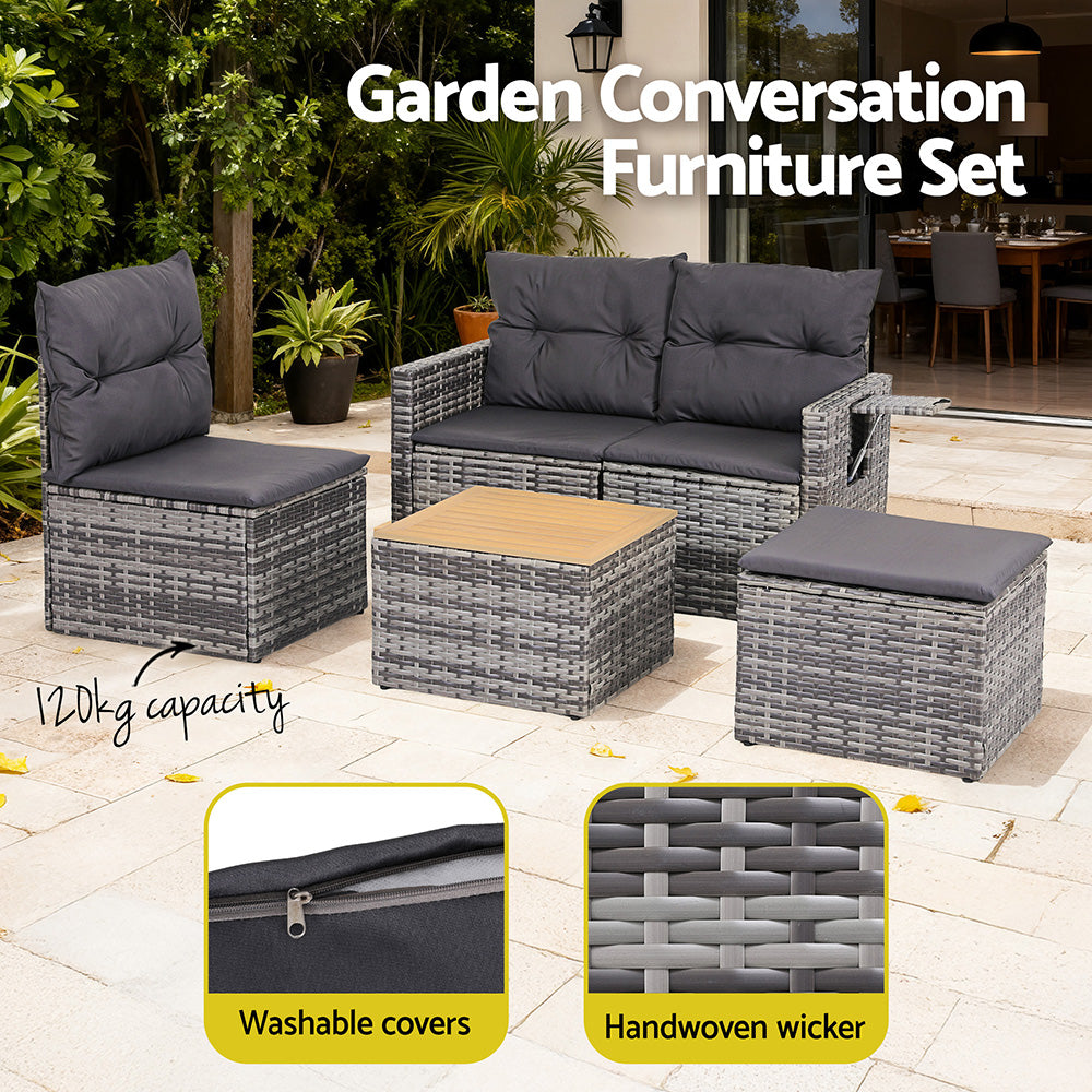 Gardeon 5 Pieces Outdoor Sofa Set 4-Seater Grey Rattan Patio Furniture Table and Chair Setting Gardeon