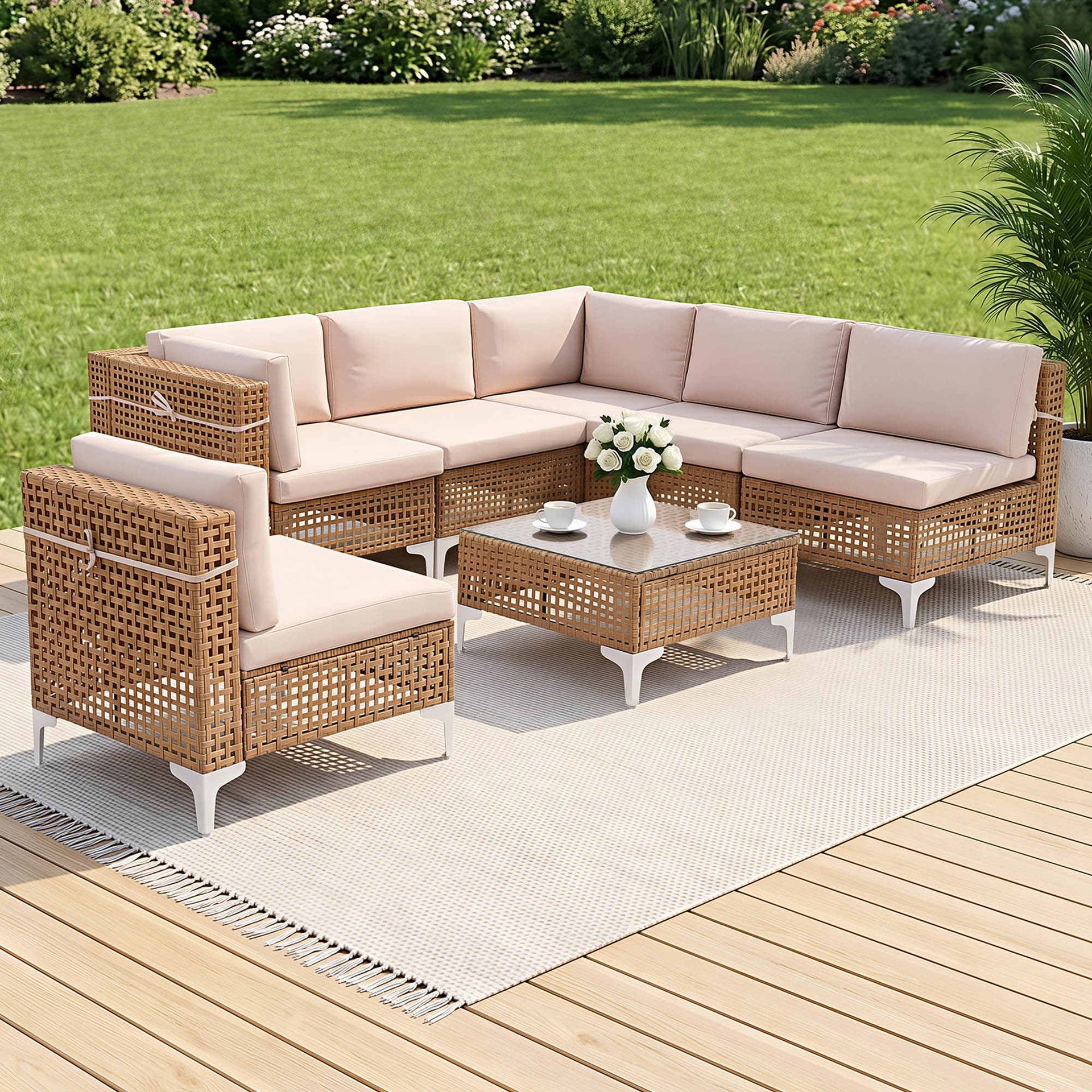 Gardeon 6 Seater Outdoor Sofa Set 7PCS Table Chair Set Garden Rattan Patio Furniture Gardeon