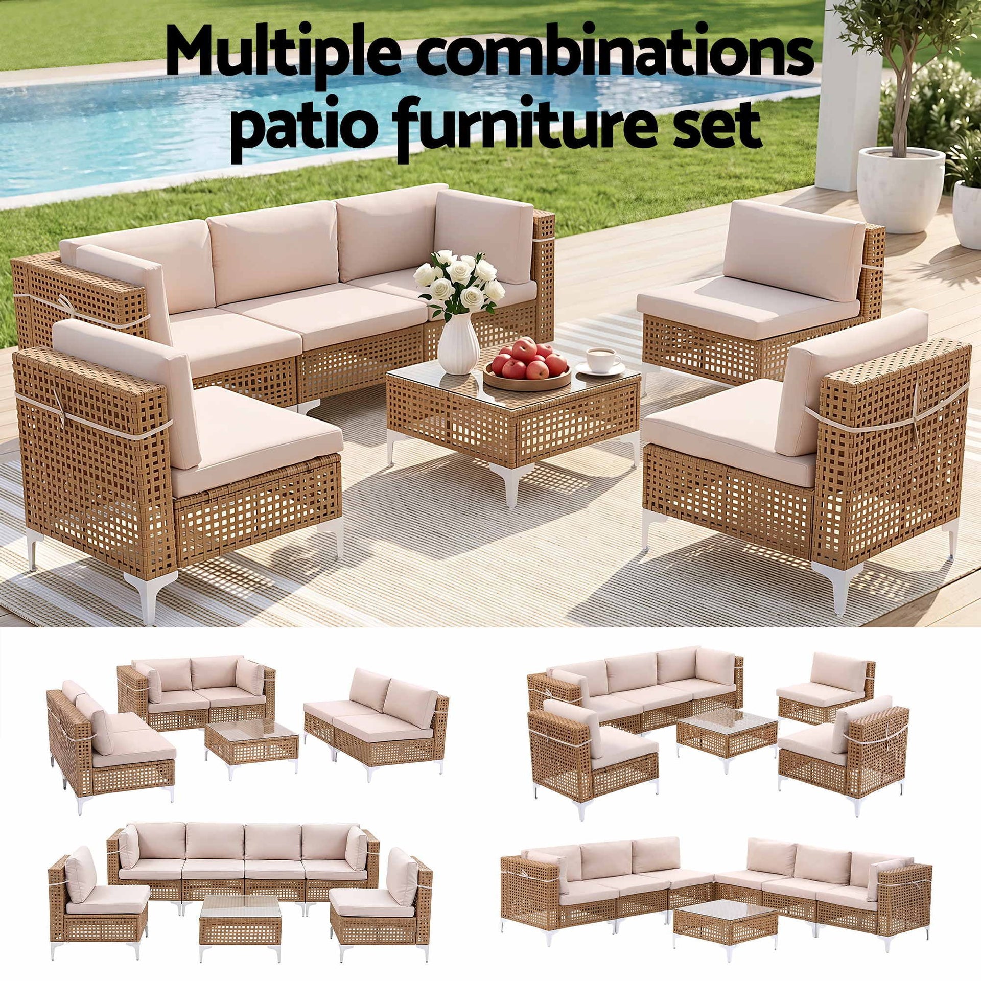Gardeon 6 Seater Outdoor Sofa Set 7PCS Table Chair Set Garden Rattan Patio Furniture Gardeon