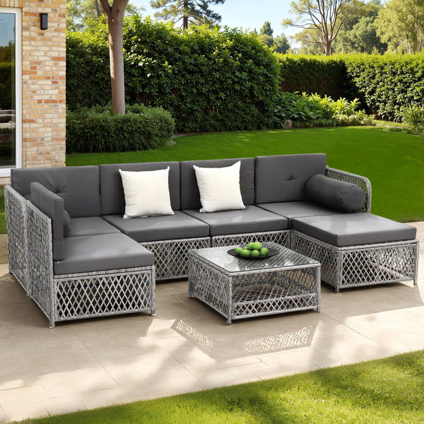 Gardeon 6 Seater Outdoor Sofa Set 7PCS Table Chair Set Garden Rattan Patio Furniture Gardeon