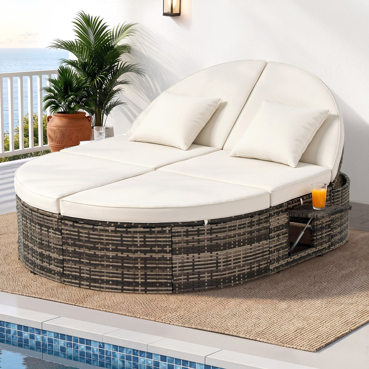 Gardeon Outdoor Day Bed Sun Lounge Setting Wicker Lounger Patio Furniture w/ Retractable Side Tray Awezingly