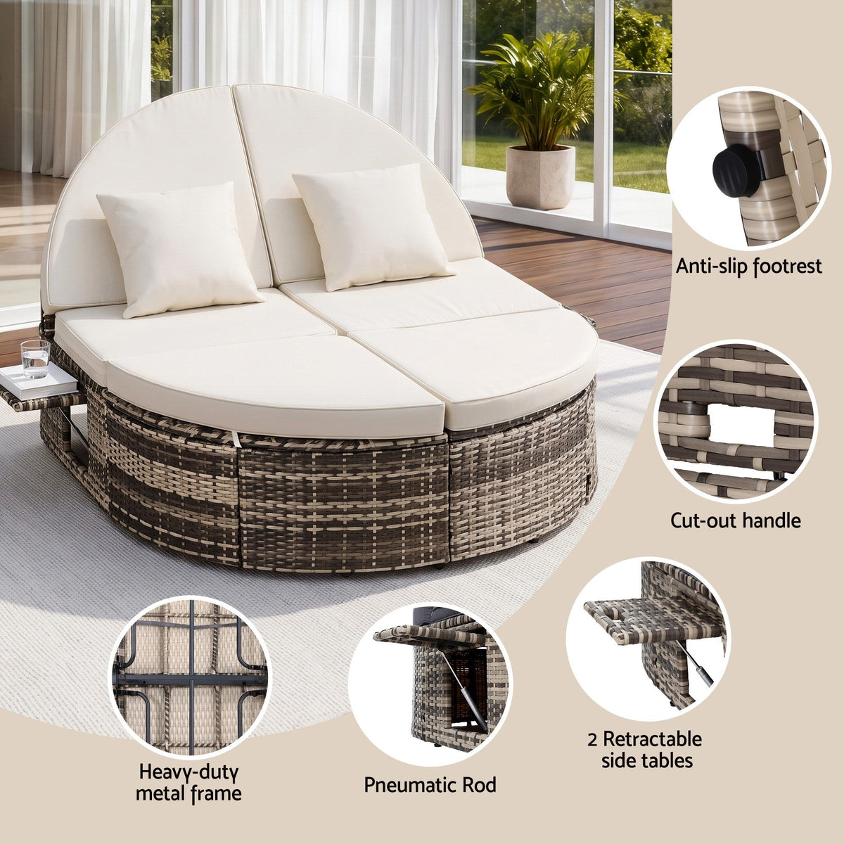 Gardeon Outdoor Day Bed Sun Lounge Setting Wicker Lounger Patio Furniture w/ Retractable Side Tray Awezingly
