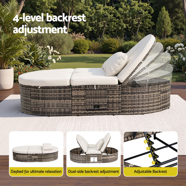 Gardeon Outdoor Day Bed Sun Lounge Setting Wicker Lounger Patio Furniture w/ Retractable Side Tray Awezingly