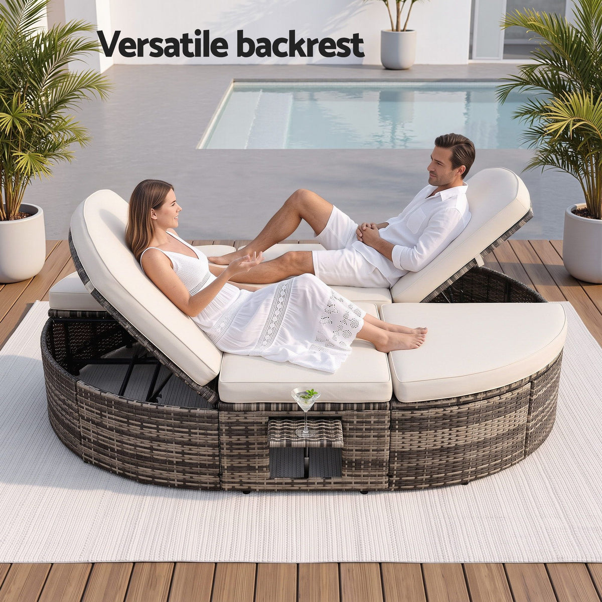 Gardeon Outdoor Day Bed Sun Lounge Setting Wicker Lounger Patio Furniture w/ Retractable Side Tray Awezingly