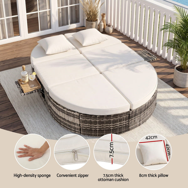 Gardeon Outdoor Day Bed Sun Lounge Setting Wicker Lounger Patio Furniture w/ Retractable Side Tray Awezingly