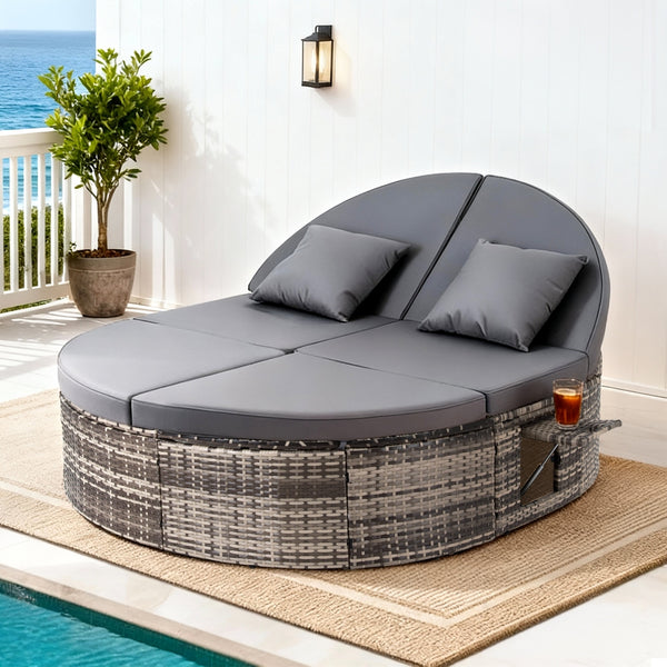 Gardeon Outdoor Day Bed Sun Lounge Setting Wicker Lounger Patio Furniture w/ Retractable Side Tray Awezingly