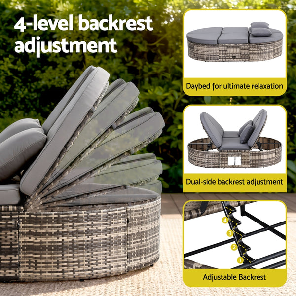 Gardeon Outdoor Day Bed Sun Lounge Setting Wicker Lounger Patio Furniture w/ Retractable Side Tray Awezingly