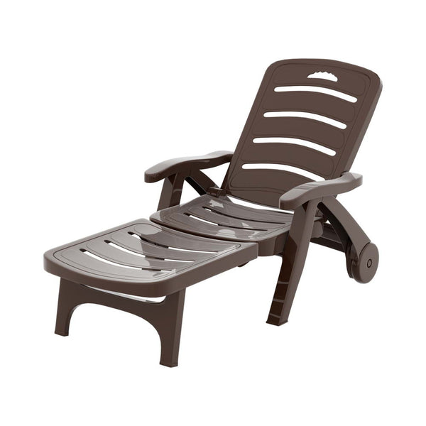 Gardeon Sun Lounger Folding Lounge Chair Wheels Patio Outdoor Furniture Brown Gardeon