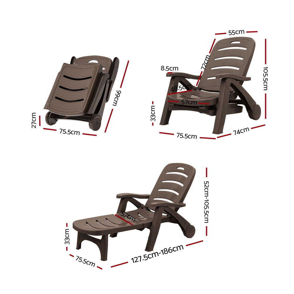 Gardeon Sun Lounger Folding Lounge Chair Wheels Patio Outdoor Furniture Brown Gardeon