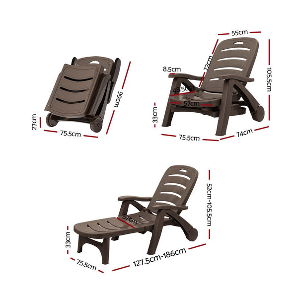 Gardeon Sun Lounger Folding Lounge Chair Wheels Patio Outdoor Furniture Brown Gardeon