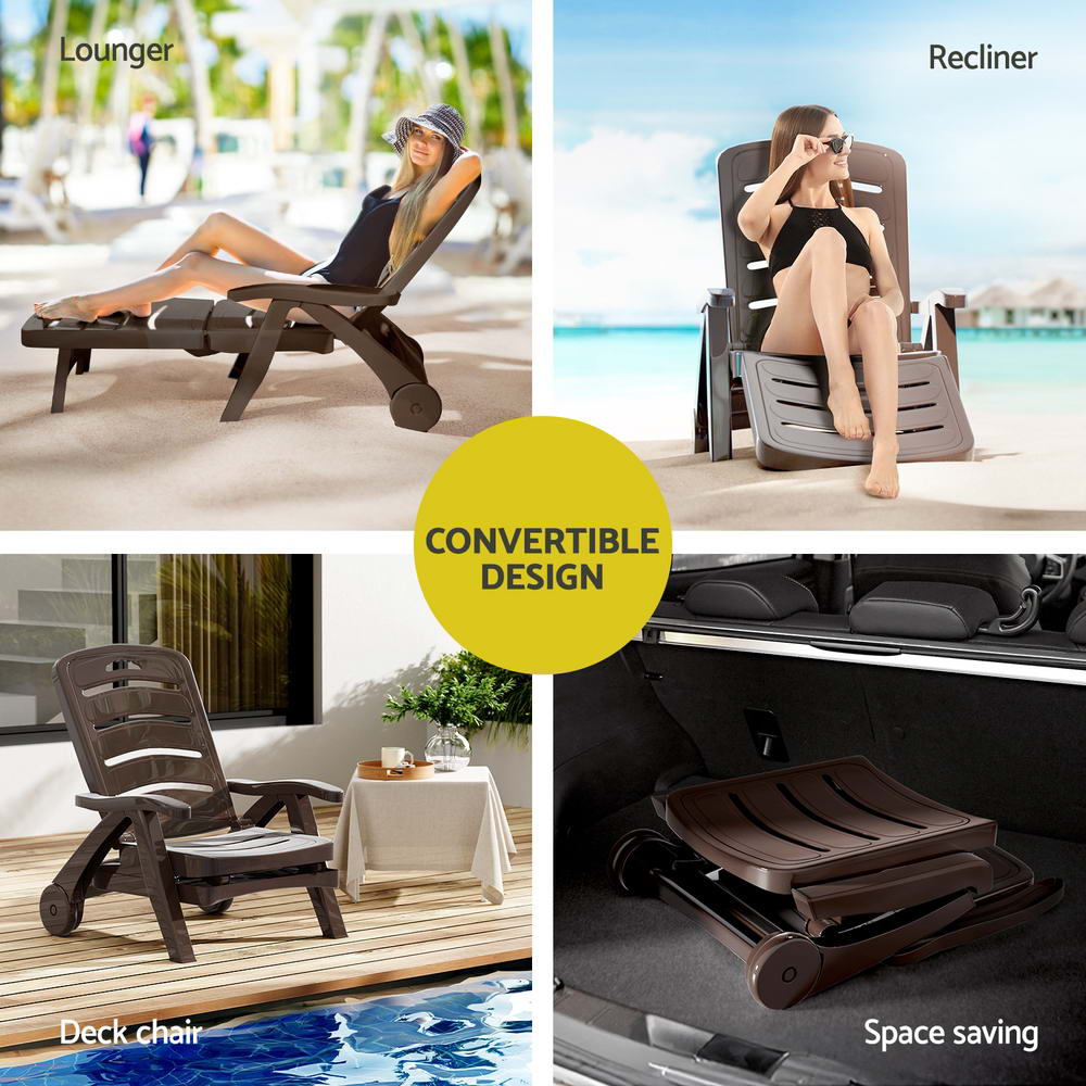 Gardeon Sun Lounger Folding Lounge Chair Wheels Patio Outdoor Furniture Brown Gardeon