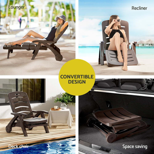Gardeon Sun Lounger Folding Lounge Chair Wheels Patio Outdoor Furniture Brown Gardeon