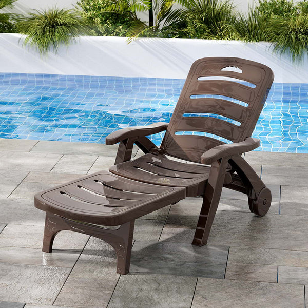 Gardeon Sun Lounger Folding Lounge Chair Wheels Patio Outdoor Furniture Brown Gardeon