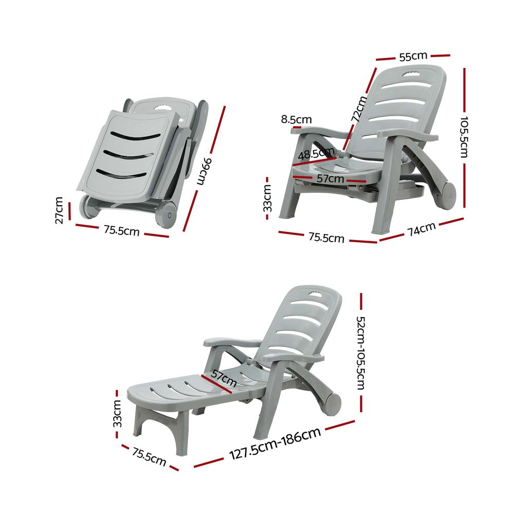 Gardeon Sun Lounger Folding Lounge Chair Wheels Patio Outdoor Furniture Grey Gardeon