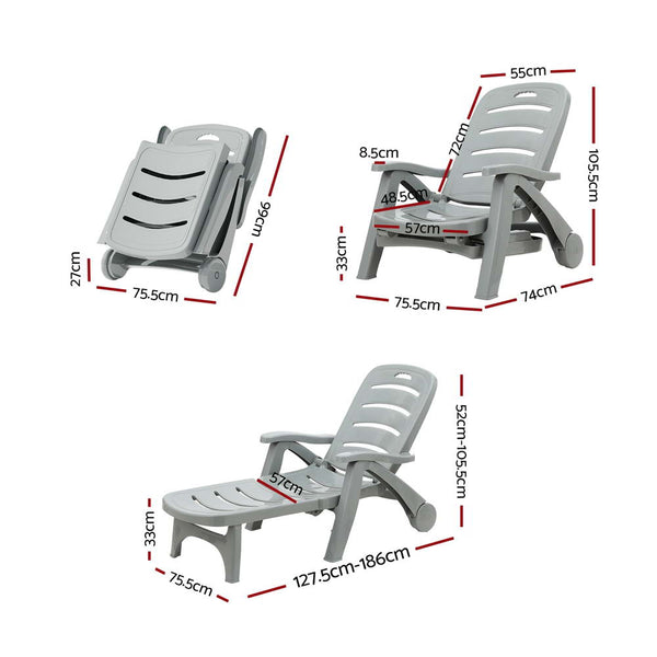 Gardeon Sun Lounger Folding Lounge Chair Wheels Patio Outdoor Furniture Grey Gardeon