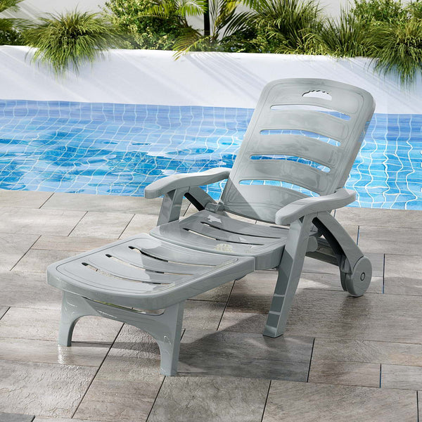 Gardeon Sun Lounger Folding Lounge Chair Wheels Patio Outdoor Furniture Grey Gardeon