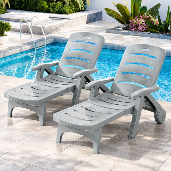 Gardeon 2PC Sun Lounger Folding Lounge Chair Wheels Patio Outdoor Furniture Grey Awezingly