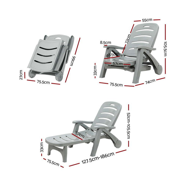 Gardeon 2PC Sun Lounger Folding Lounge Chair Wheels Patio Outdoor Furniture Grey Awezingly