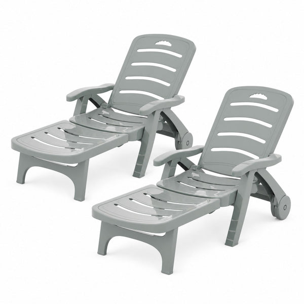 Gardeon 2PC Sun Lounger Folding Lounge Chair Wheels Patio Outdoor Furniture Grey Awezingly