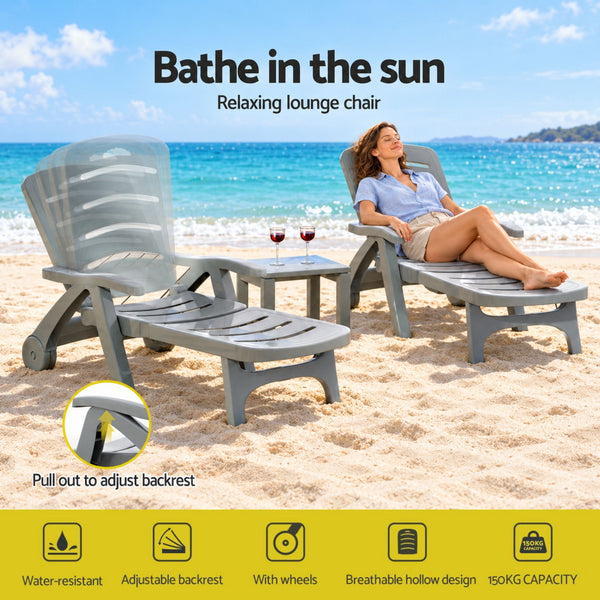 Gardeon 2PC Sun Lounger Folding Lounge Chair Wheels Patio Outdoor Furniture Grey Awezingly