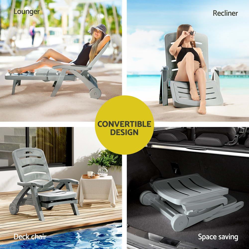 Gardeon 2PC Sun Lounger Folding Lounge Chair Wheels Patio Outdoor Furniture Grey Awezingly