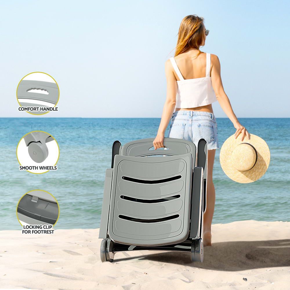 Gardeon 2PC Sun Lounger Folding Lounge Chair Wheels Patio Outdoor Furniture Grey Awezingly