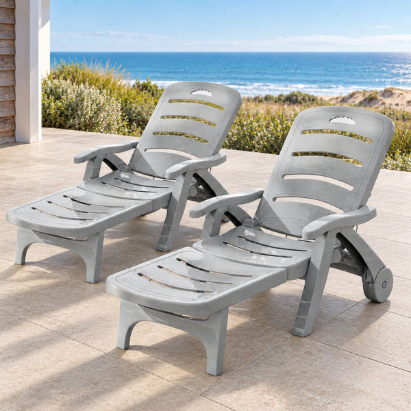 Gardeon 2PC Sun Lounger Folding Lounge Chair Wheels Patio Outdoor Furniture Grey Awezingly