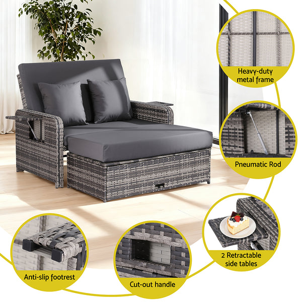 Gardeon Outdoor Day Bed Sun Lounge Setting Wicker Lounger Patio Furniture Grey Gardeon