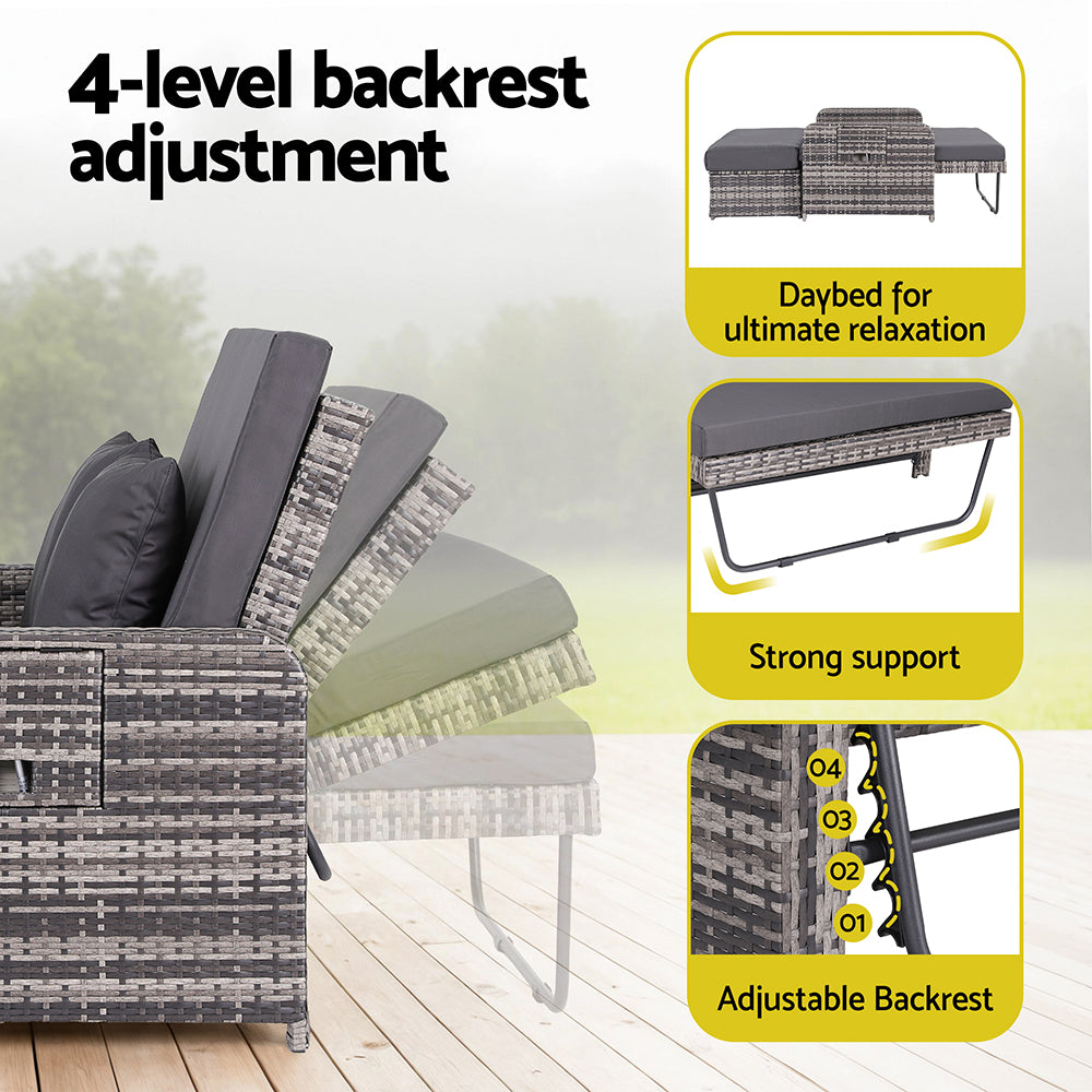 Gardeon Outdoor Day Bed Sun Lounge Setting Wicker Lounger Patio Furniture Grey Gardeon