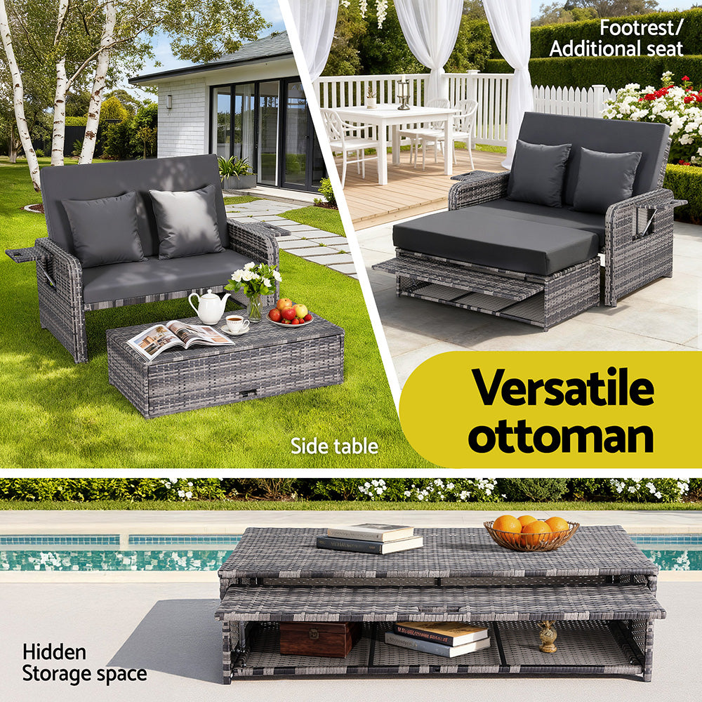 Gardeon Outdoor Day Bed Sun Lounge Setting Wicker Lounger Patio Furniture Grey Gardeon