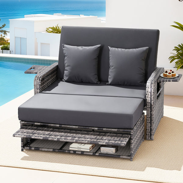 Gardeon Outdoor Day Bed Sun Lounge Setting Wicker Lounger Patio Furniture Grey Gardeon