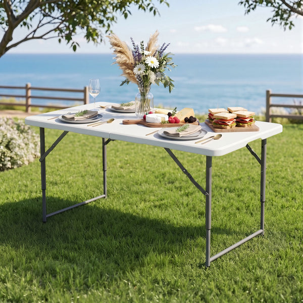 Gardeon 123cm Folding Table Portable Fold-in-Half with Handle Camping Picnic Adjustable Height Awezingly
