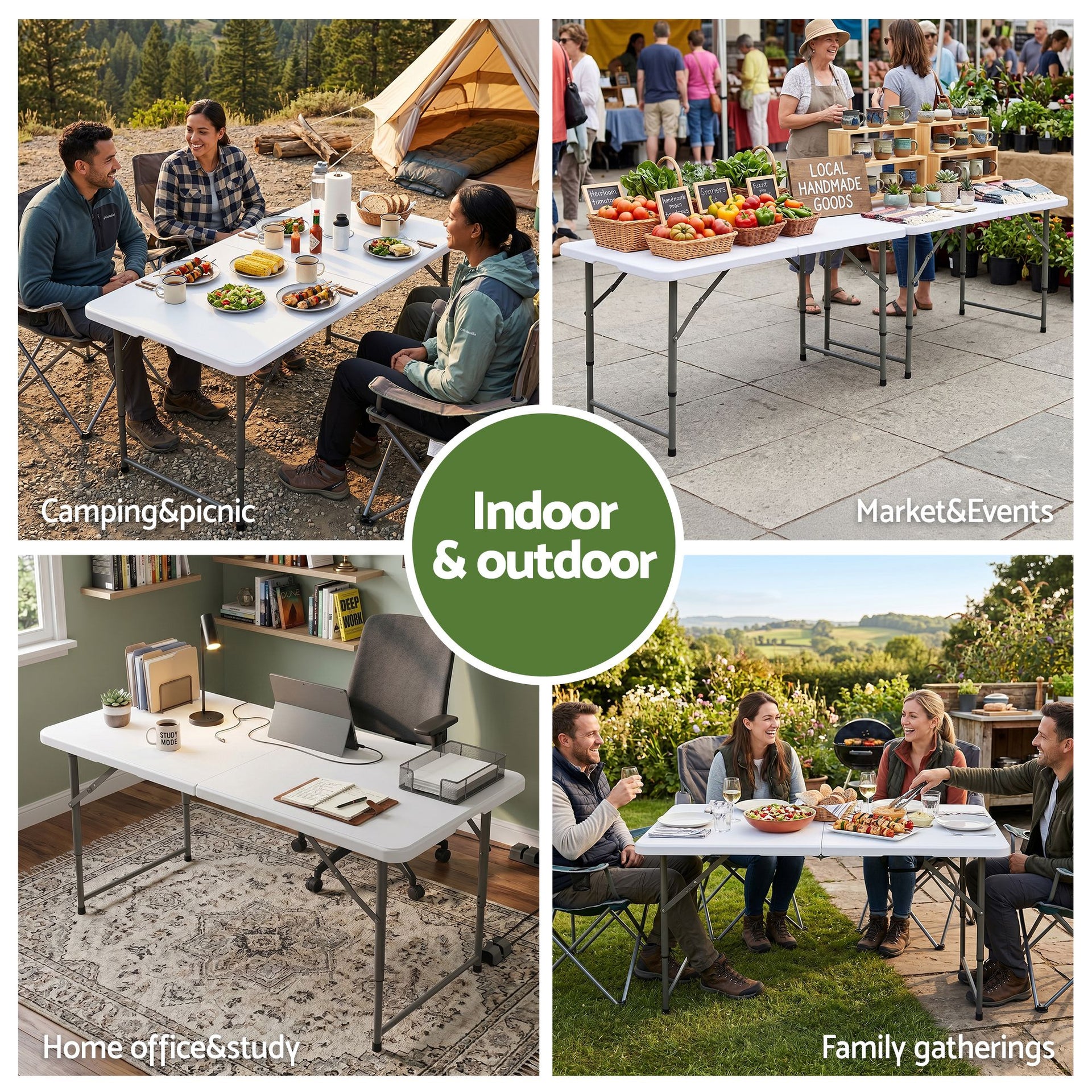 Gardeon 123cm Folding Table Portable Fold-in-Half with Handle Camping Picnic Adjustable Height Awezingly
